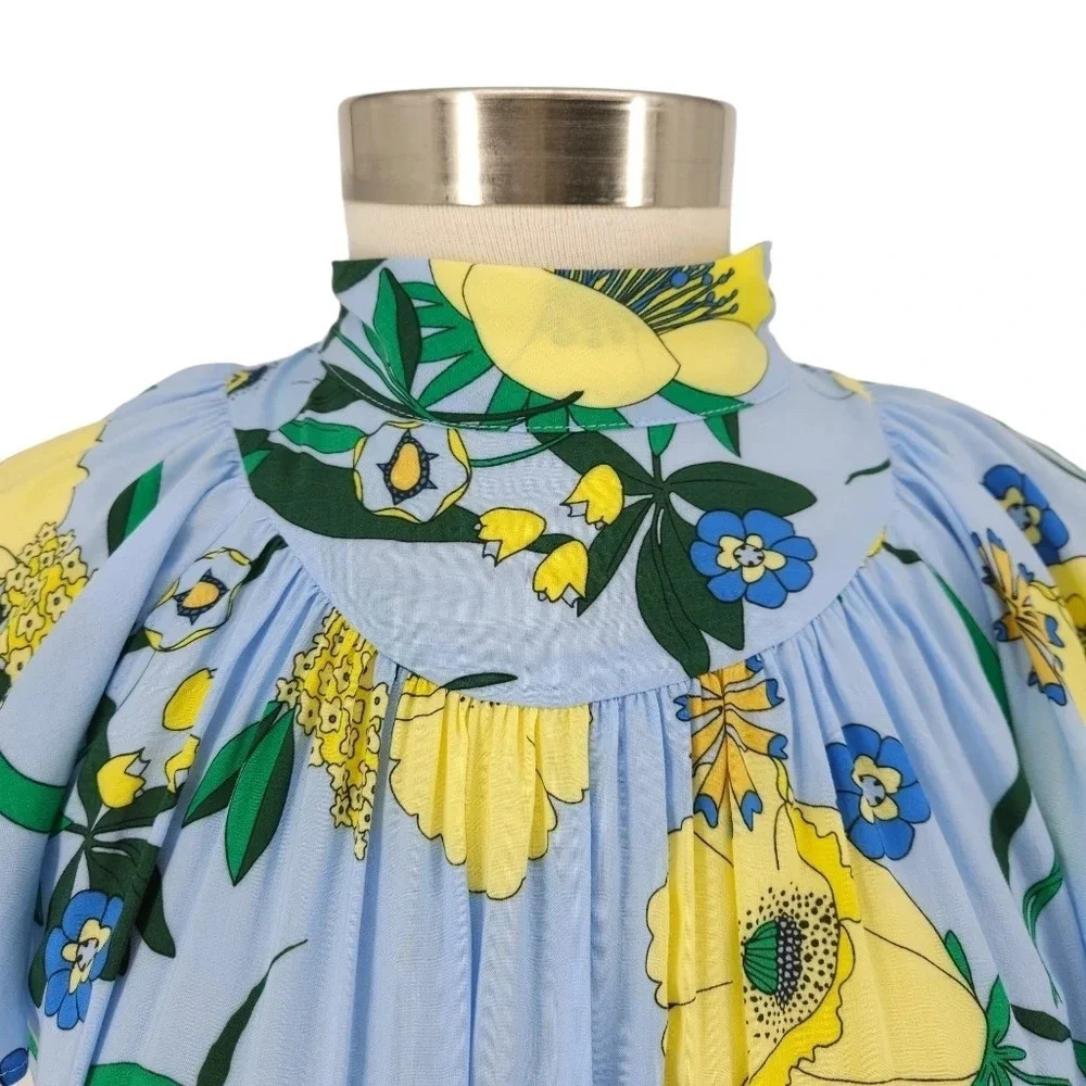 INC Shirt Blue Mabel Bouquet Floral Flutter Short Sleeve Tie Top Petite - Picture 4 of 9